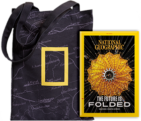National Geographic magazine, book, and tote bag